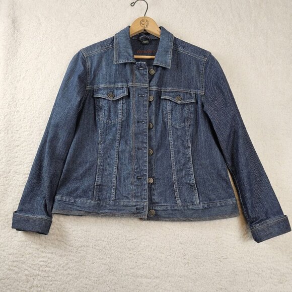 Eddie Bauer Jean Jacket Women's Large Raw Blue Denim Trucker Western Cropped - Picture 1 of 16